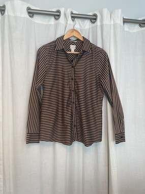 Chico's No-Iron Cotton Striped Button Down Shirt Black and Tan Size 0